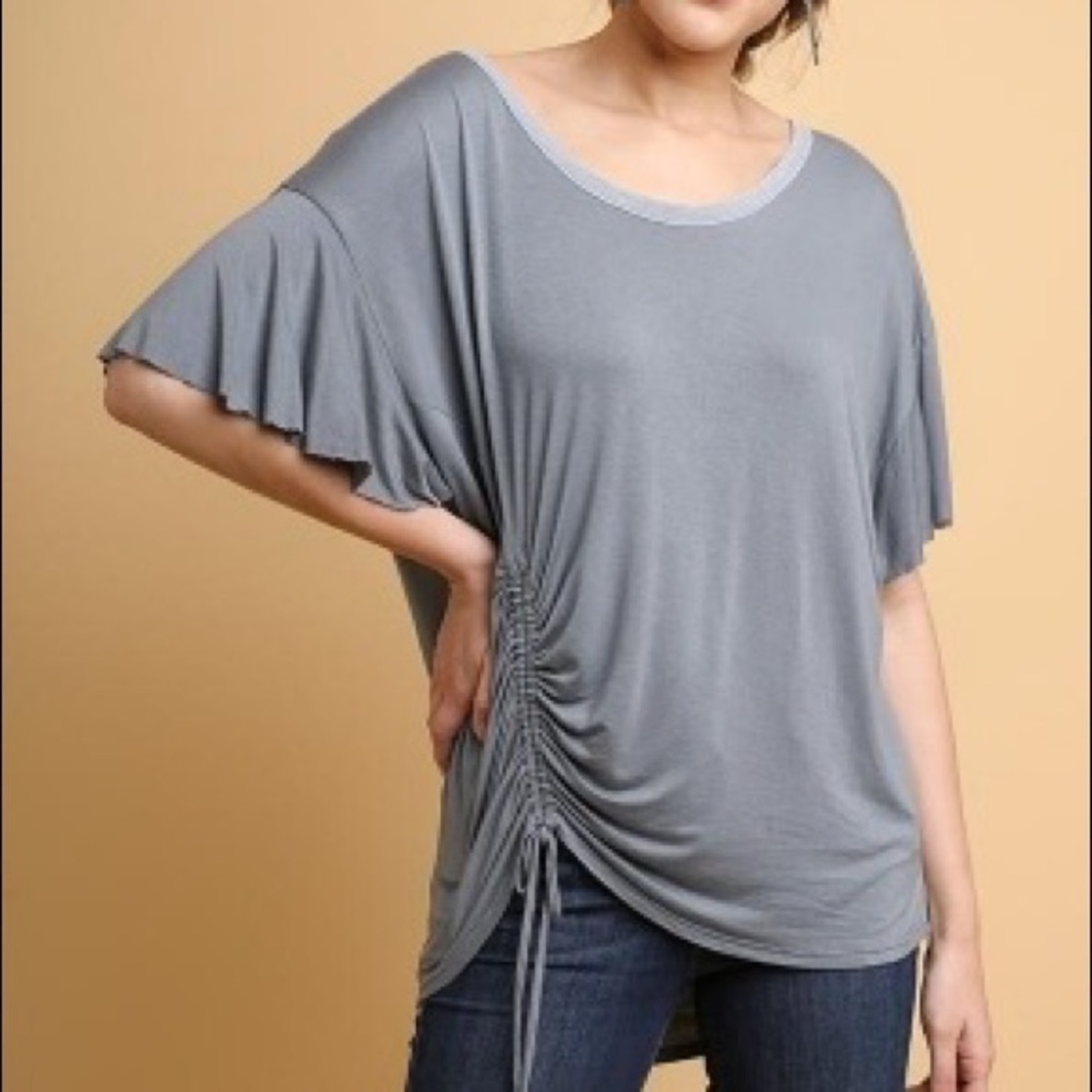 Basic Knit Short Ruffle Sleeve Scoop Neck Top w/Cinched Drawstring Side Detail